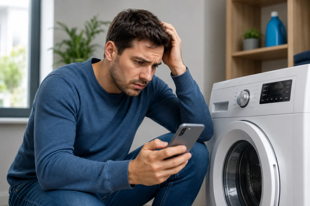 Frustrated customer struggling to set up a new appliance, holding a phone