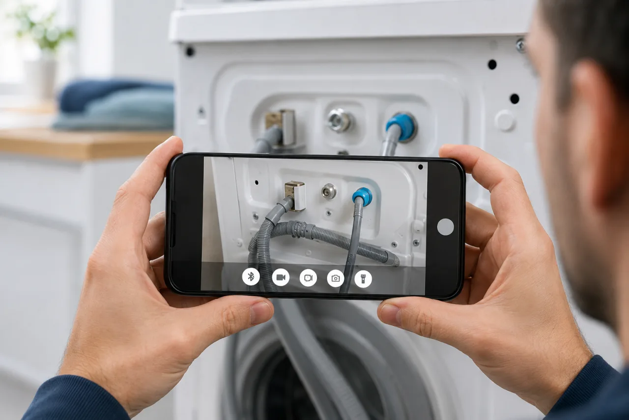 Customer showing an appliance's connections live on a phone camera