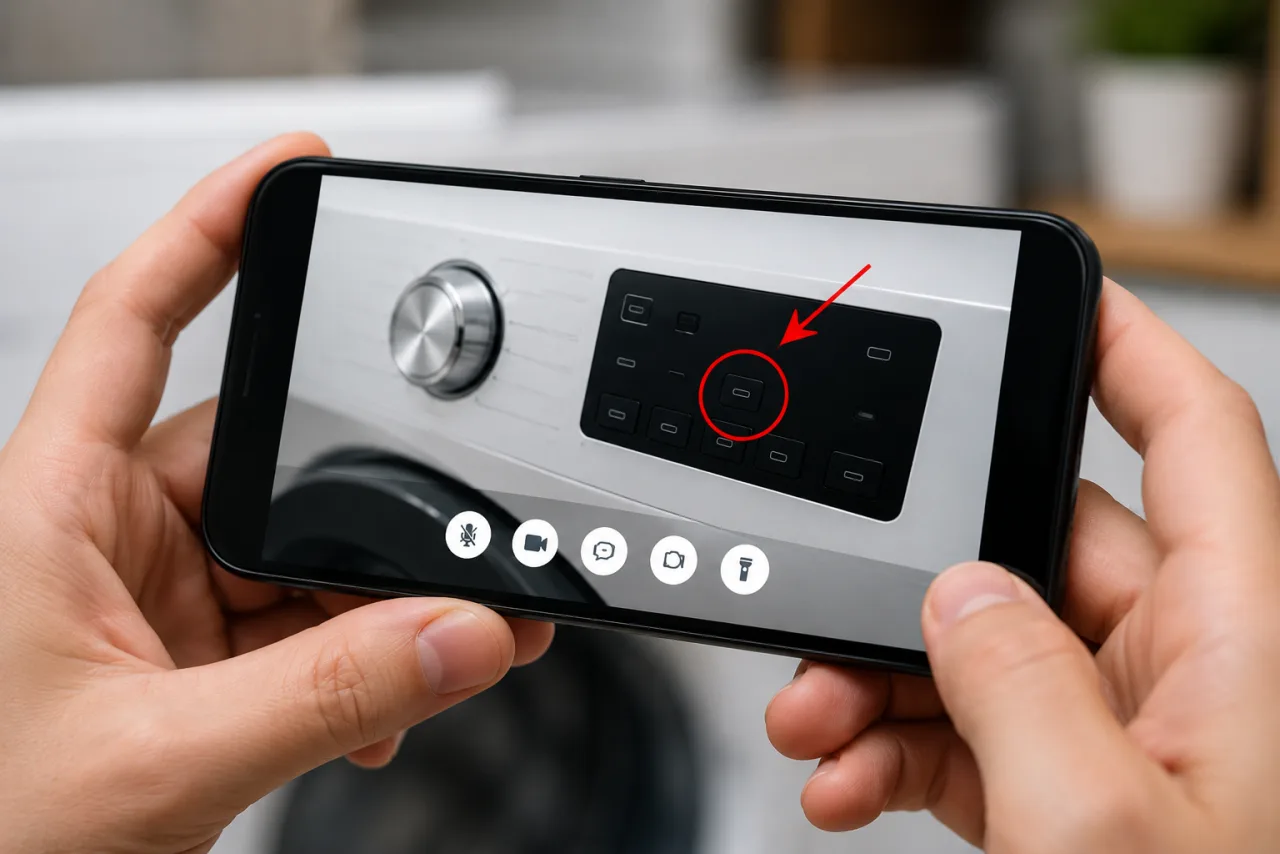Agent guiding an appliance fix with live AR annotation on the control panel