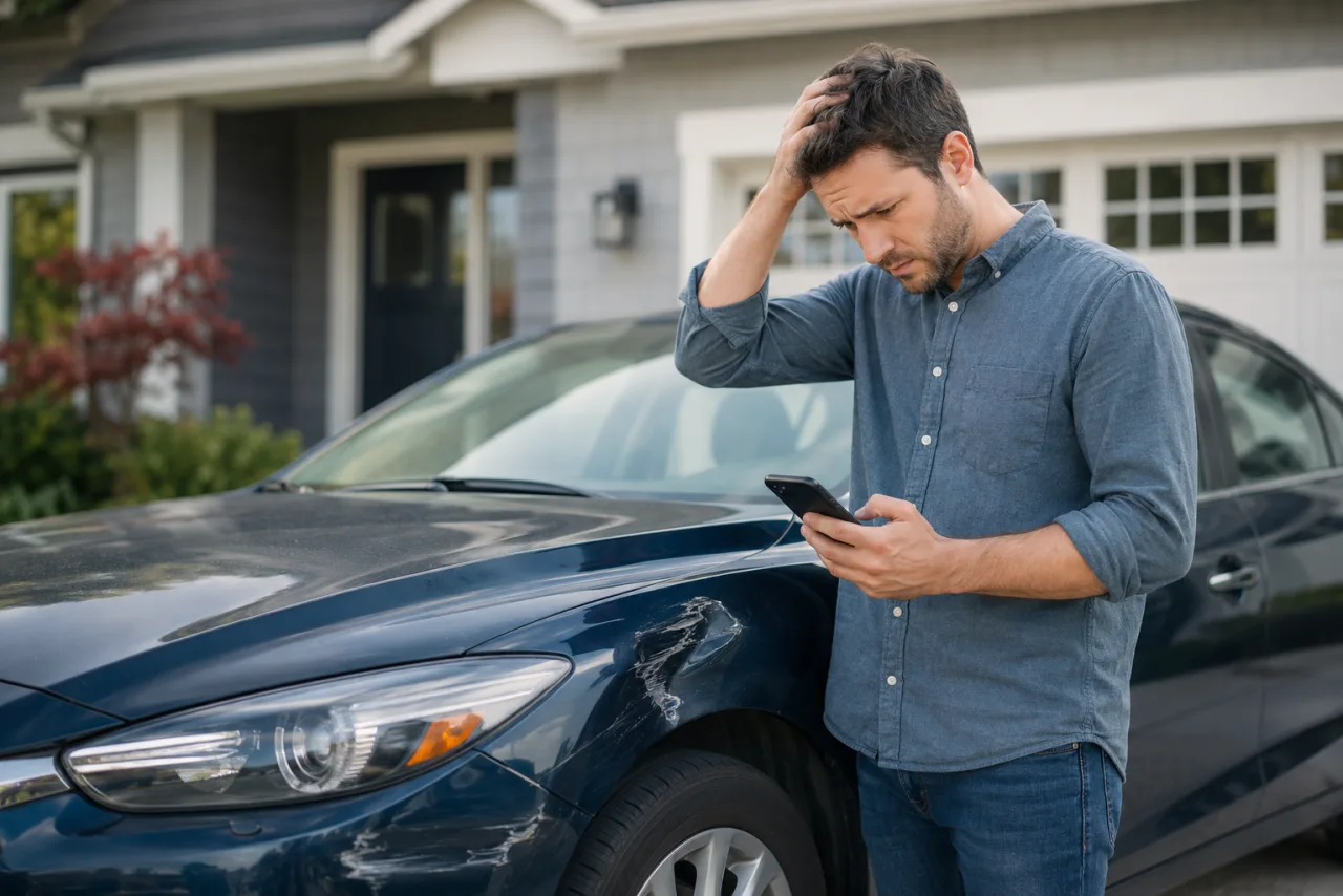 Car owner discovering fresh damage to their vehicle and reaching for their phone to report a claim