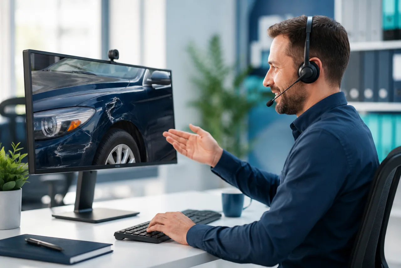 Insurance claims adjuster reviewing live video of vehicle damage from their desk