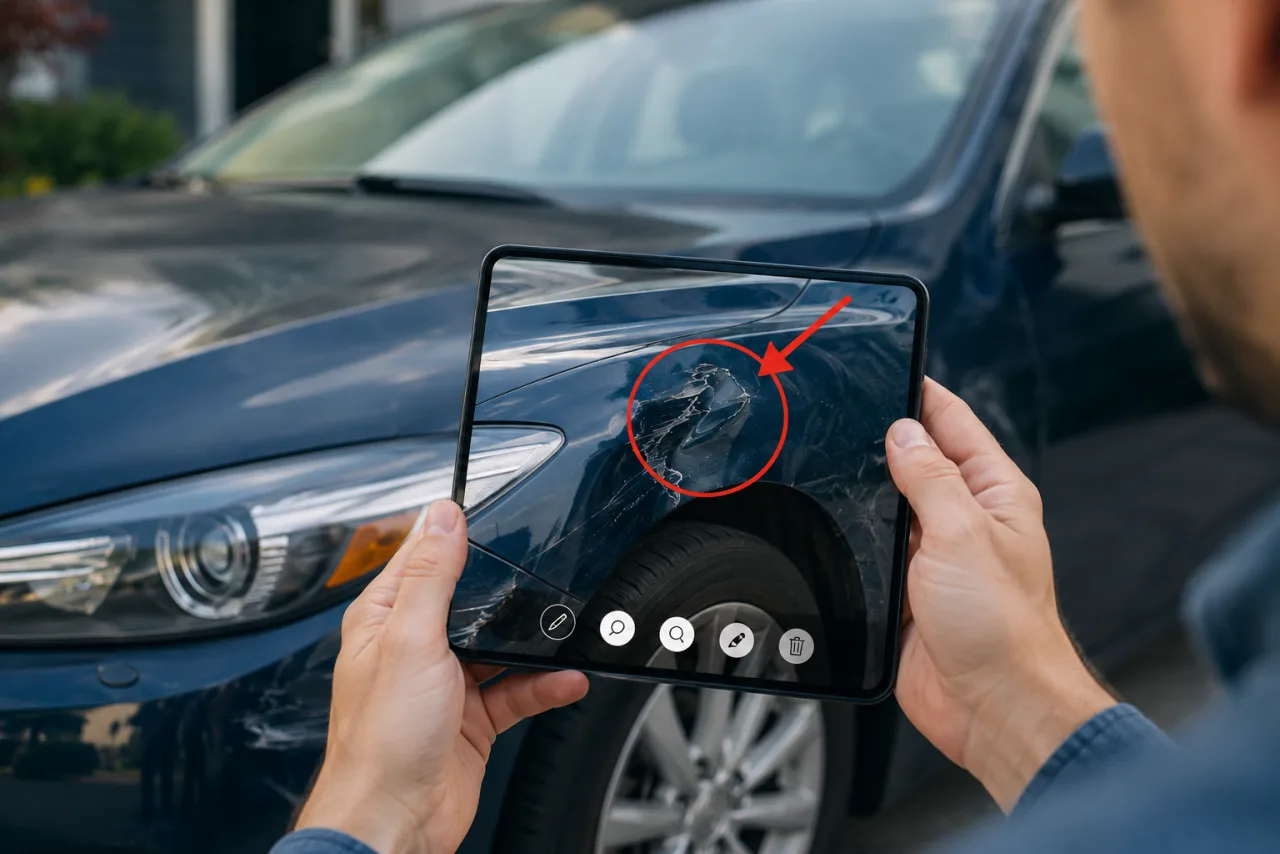 Insurance adjuster annotating live video of vehicle damage with AR during a remote claim inspection