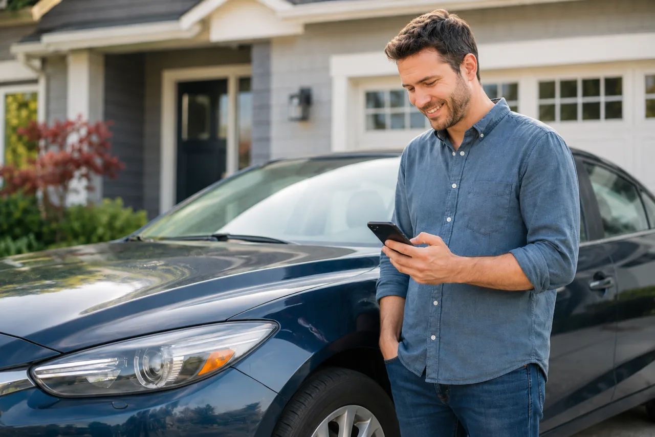 Satisfied car owner after a fast remote insurance claim resolution