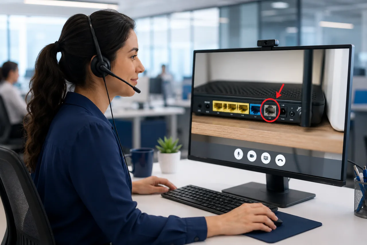 Contact-center agent diagnosing a Wi-Fi issue with live visual support