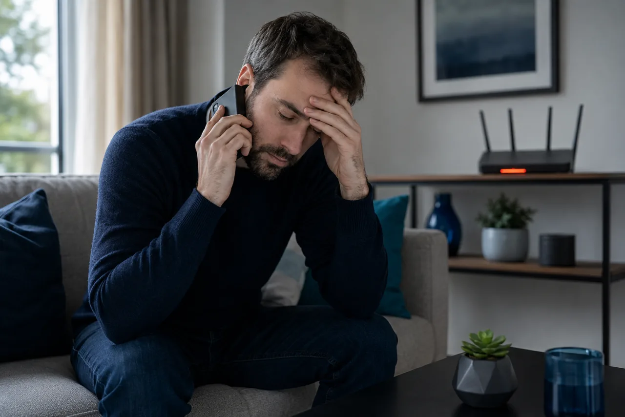 Frustrated telecom customer on a support call at home next to a router with a warning light