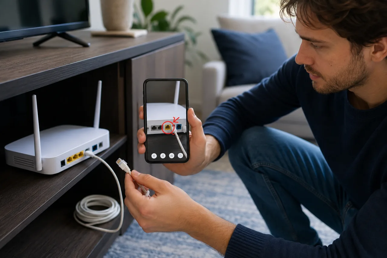 Telecom agent guiding a customer through router self-install via phone camera