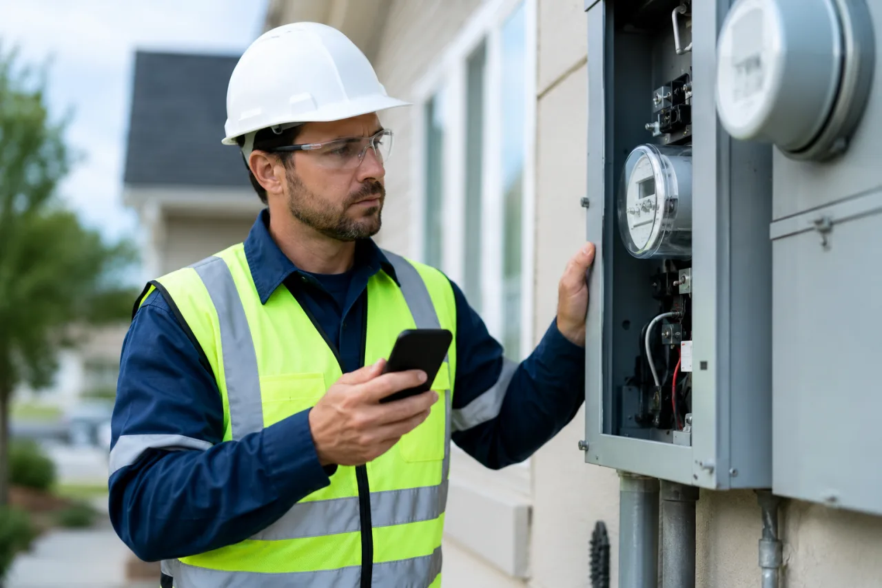 Utility field technician inspecting an electricity meter panel