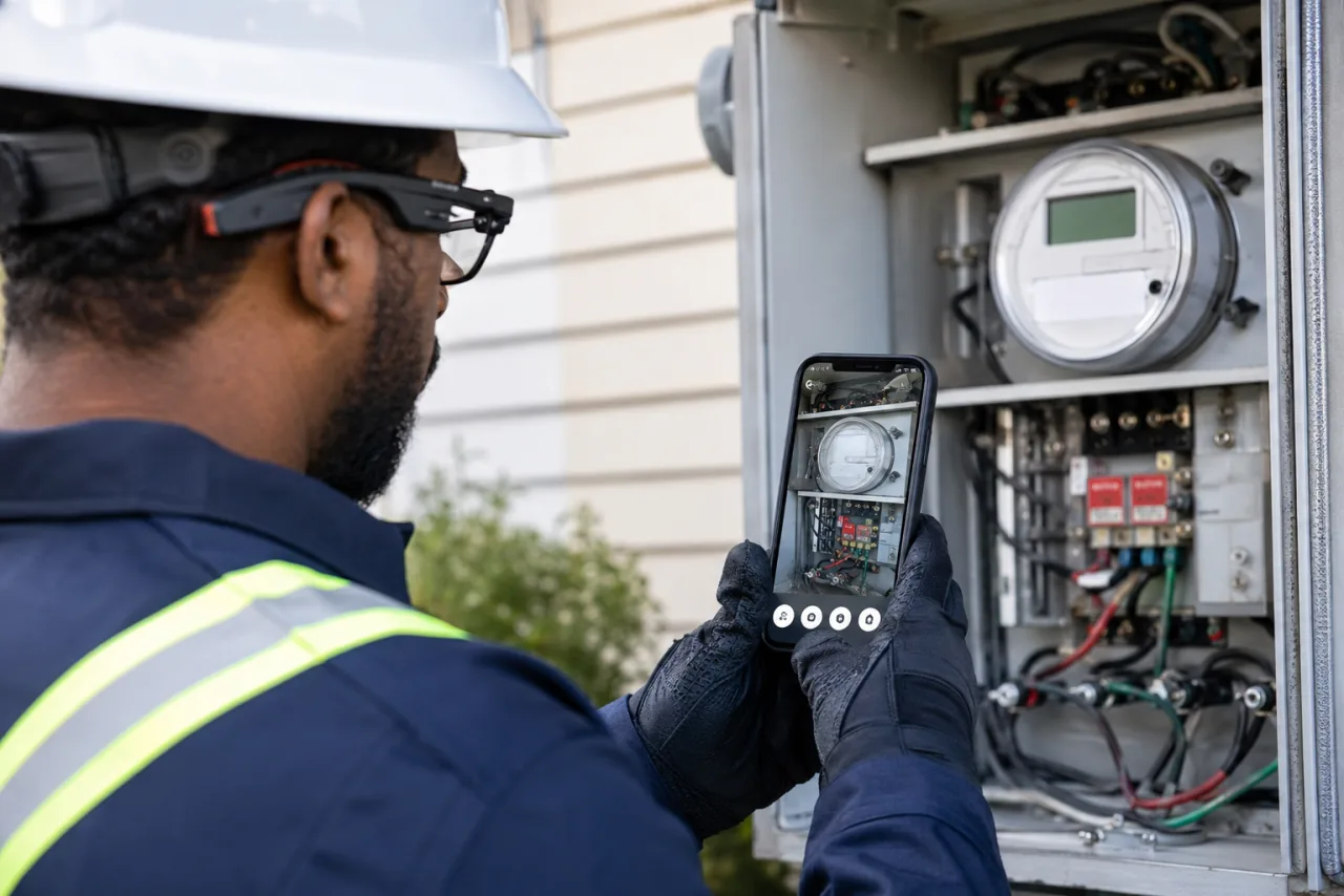 Utility field worker showing an electrical meter panel to a remote expert via smart glasses and phone