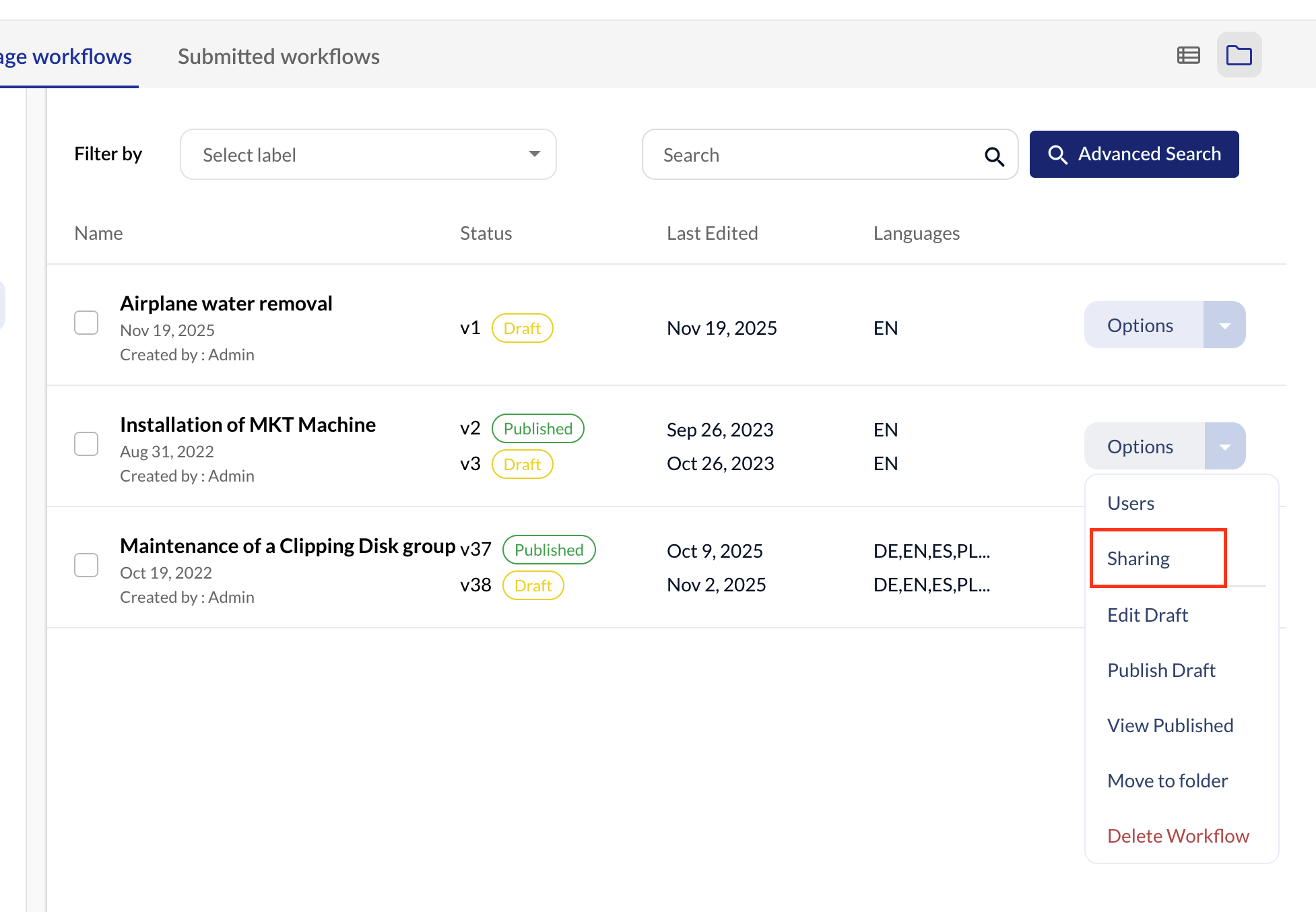 VSight workflow options menu showing the Sharing feature for child accounts