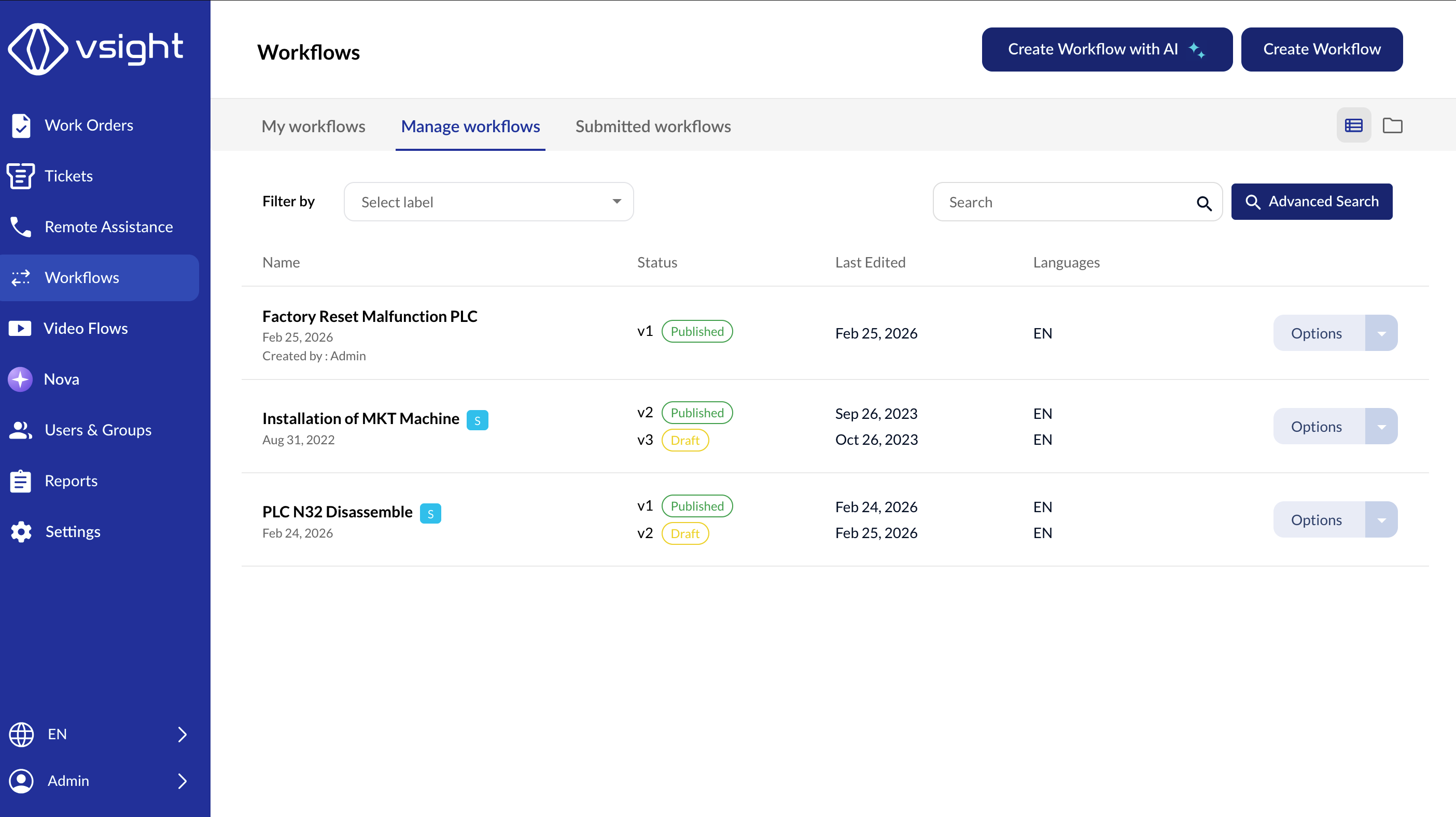 Shared workflow displayed in child account workflow list in VSight